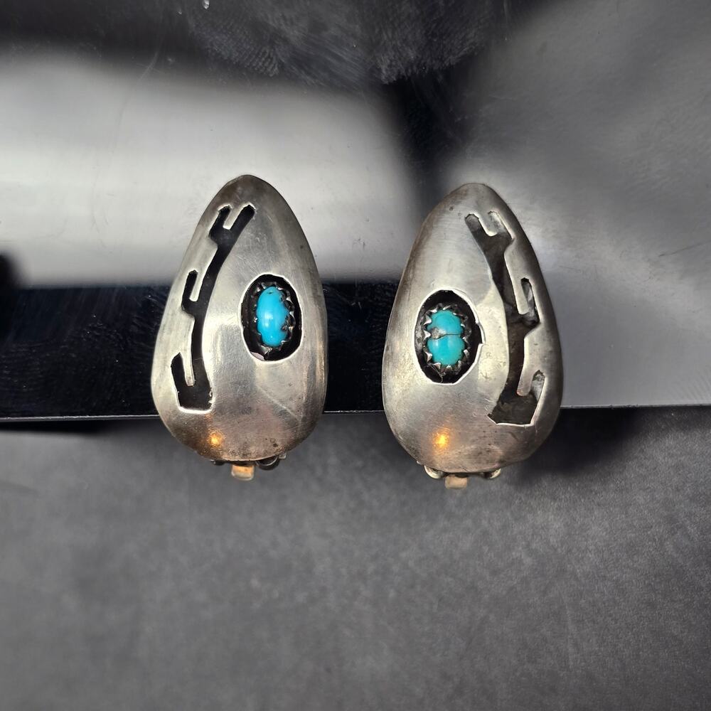 Vintage Sterling Silver Turquoise Clip On Earrings Tear Drop - Picture 2 of 8